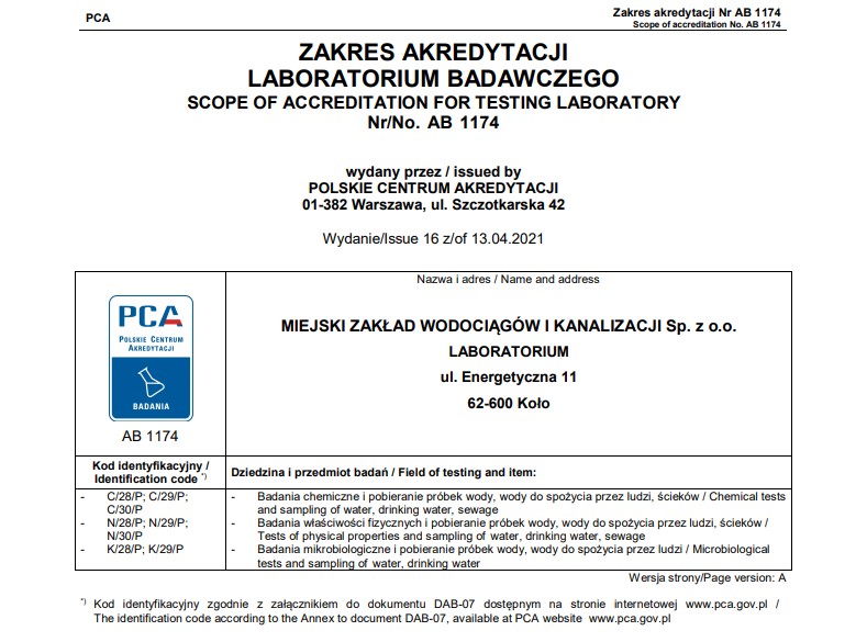 Nowy Zakres Akredytacji nr AB 1174 Laboratorium MZWiK Sp.z o. o. z uaktualnionymi metodykami badawczymi wybranych parametrów. 